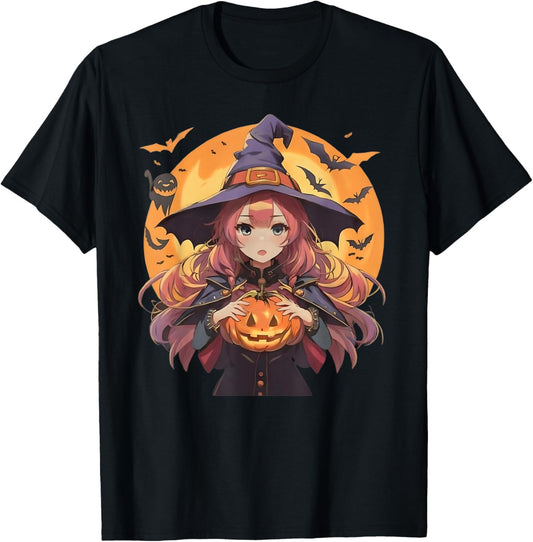 Cute Anime Halloween Girl Witch with Pumpkin and Bats girls T-Shirt - T-Shirt | Black