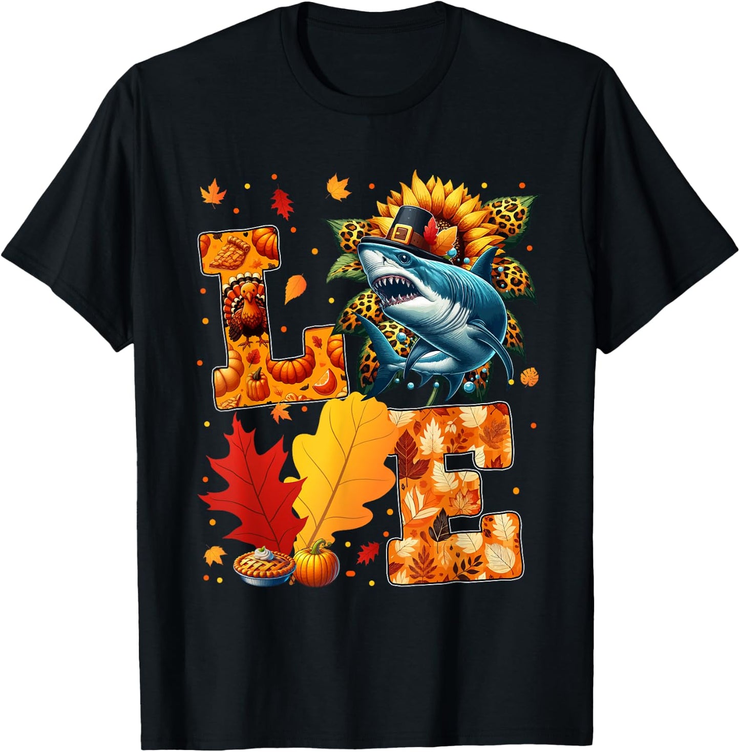 LOVE Thanksgiving Shark Fall Leaves Sunflower Sea Animals T-Shirt - T-Shirt | Black
