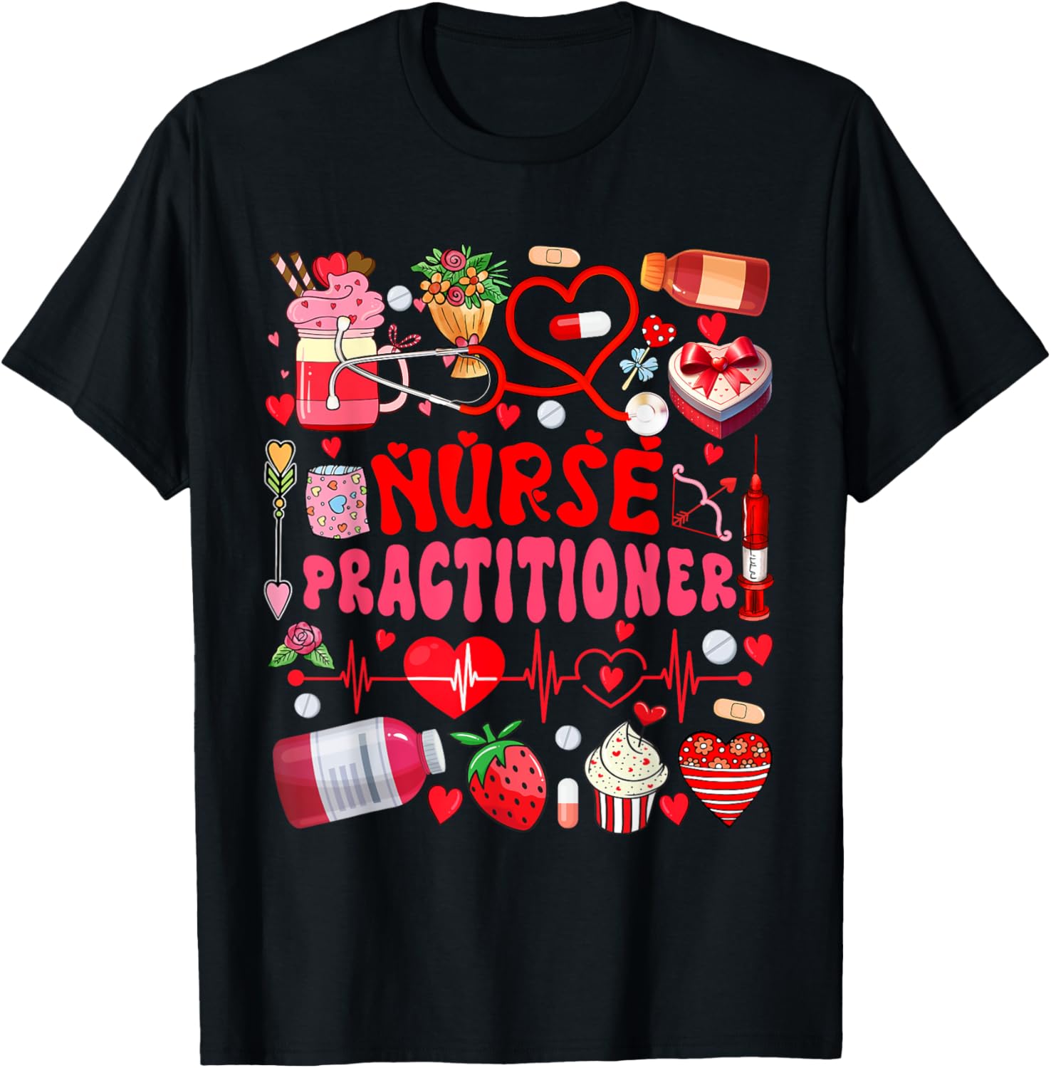 Nurse Practitioner Valentine's Day Nurse Tools Cute Hearts T-Shirt - T-Shirt | Black