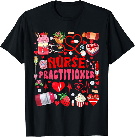 Nurse Practitioner Valentine's Day Nurse Tools Cute Hearts T-Shirt - T-Shirt | Black