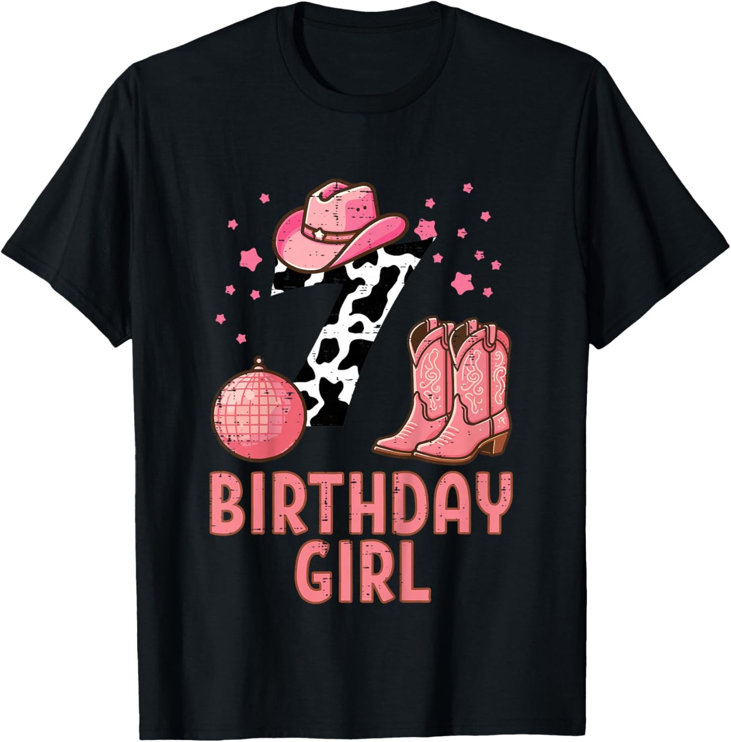 7th Birthday Cow Pattern Cowgirl 7 Year Old Bday Girls Kids T-Shirt - T-Shirt | Black