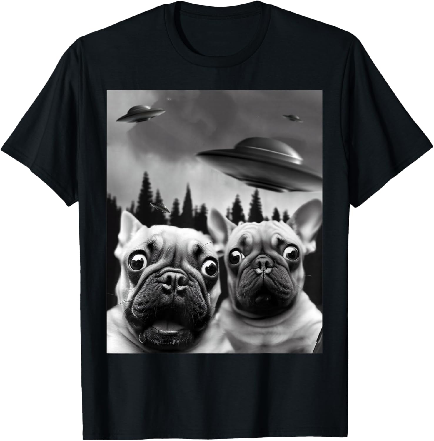 Funny Frenchie UFO Selfie T-Shirt - T-Shirt | Black
