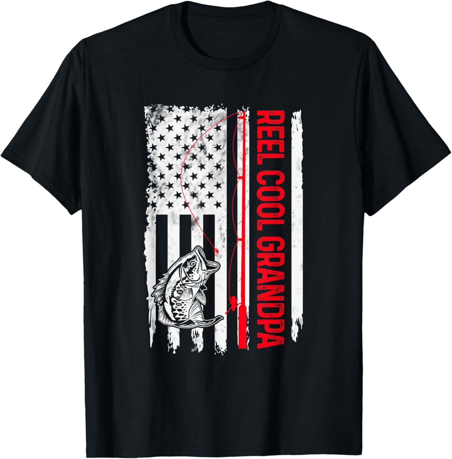 Reel Cool Grandpa Fishing American Flag Funny Papa Dad T-Shirt - T-Shirt | Black