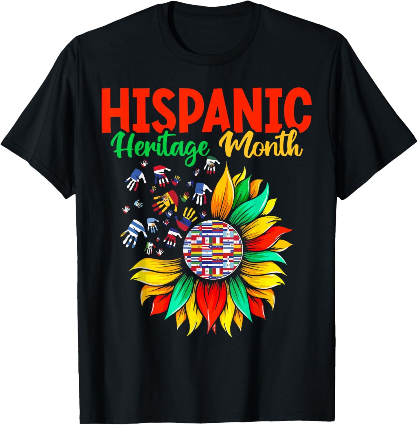 Hispanic Heritage Month Latino Countries Hands Heart Flags T-Shirt - T-Shirt | Black
