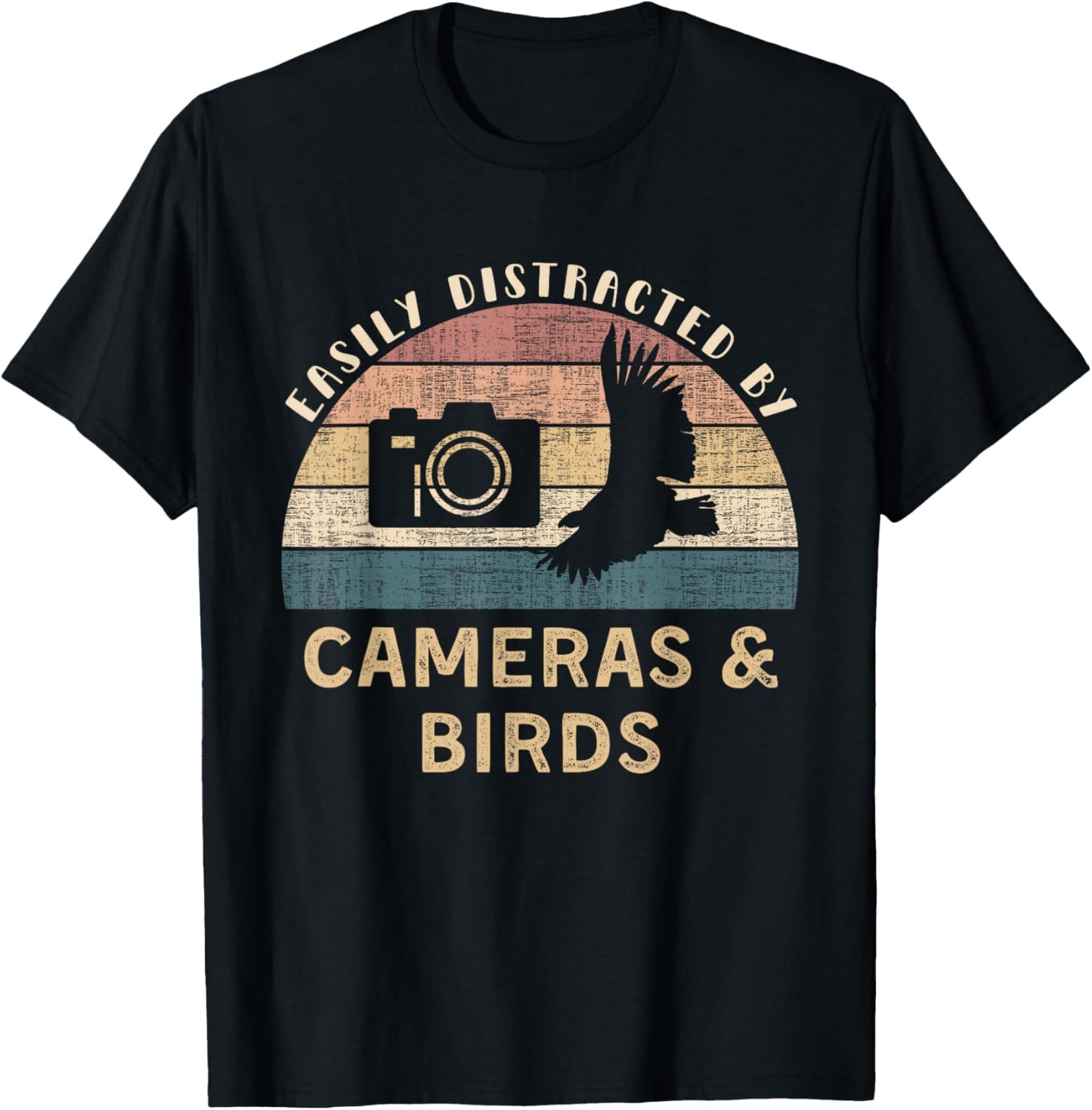 Easily Distracted By Cameras Birds Retro Funny Photographer T-Shirt - T-Shirt | Black