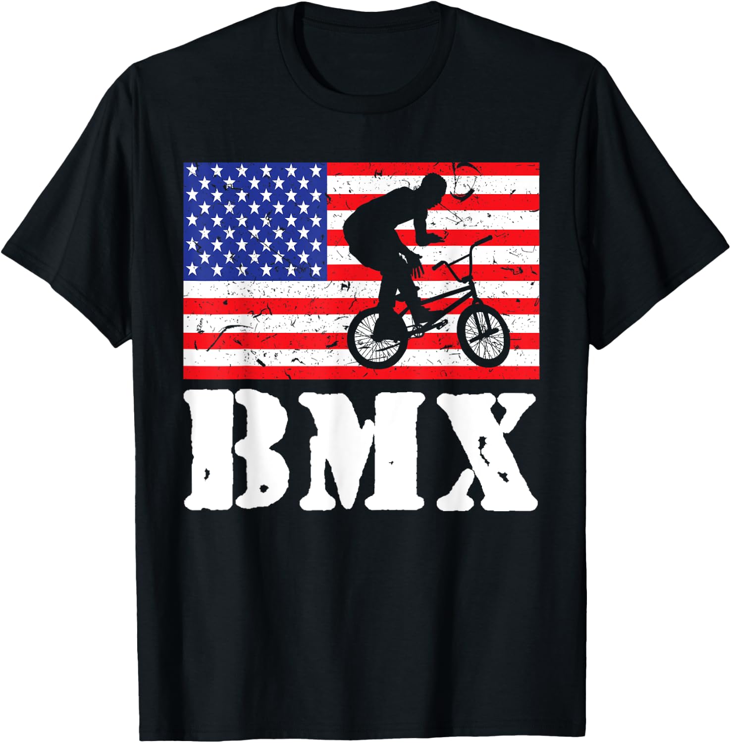 Distressed BMX Riding USA American Flag Vintage Bike Rider Women Kids Men T-Shirt - T-Shirt | Black