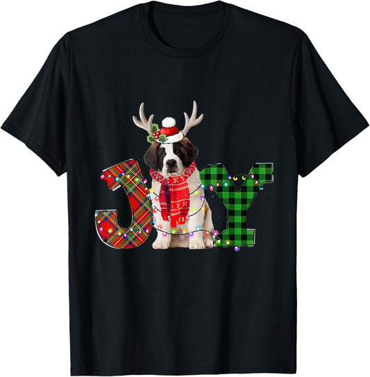 Joy Christmas Lights Saint Bernard Dog Santa Hat Pajama Women Kids T-Shirt - T-Shirt | Black