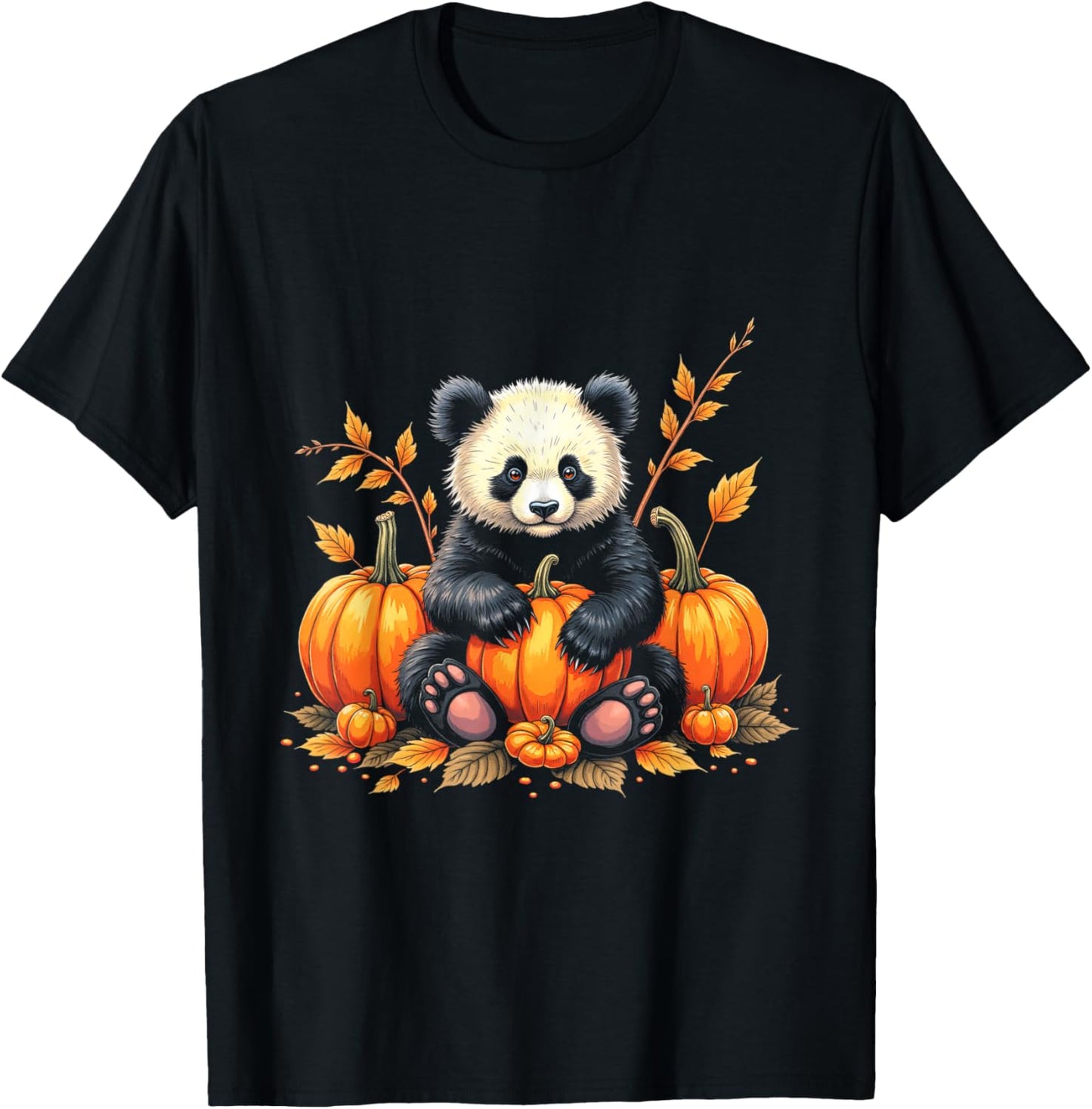 Adorable Panda Fall Vibes Autumn Pumpkins Thanksgiving T-Shirt - T-Shirt | Black
