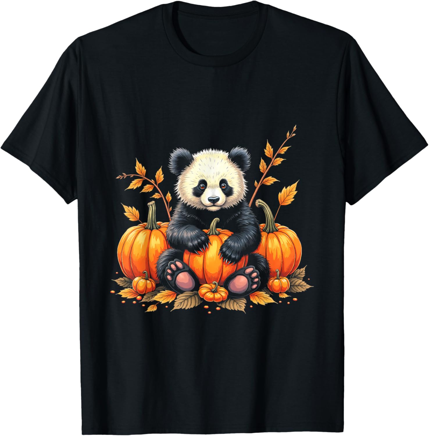 Adorable Panda Fall Vibes Autumn Pumpkins Thanksgiving T-Shirt - T-Shirt | Black