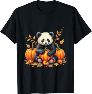 Adorable Panda Fall Vibes Autumn Pumpkins Thanksgiving T-Shirt - T-Shirt | Black