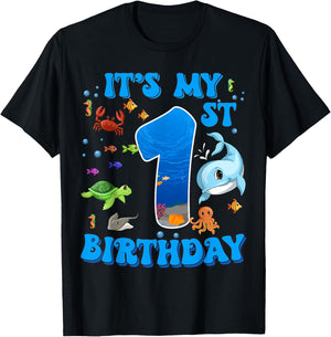 It's My 1st Birthday Party Ocean 1 Years Old Sea Fish B-Day T-Shirt - T-Shirt | Black