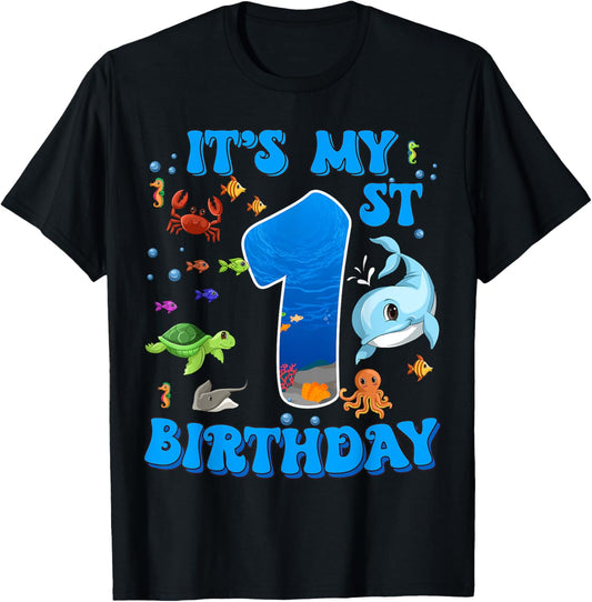 It's My 1st Birthday Party Ocean 1 Years Old Sea Fish B-Day T-Shirt - T-Shirt | Black
