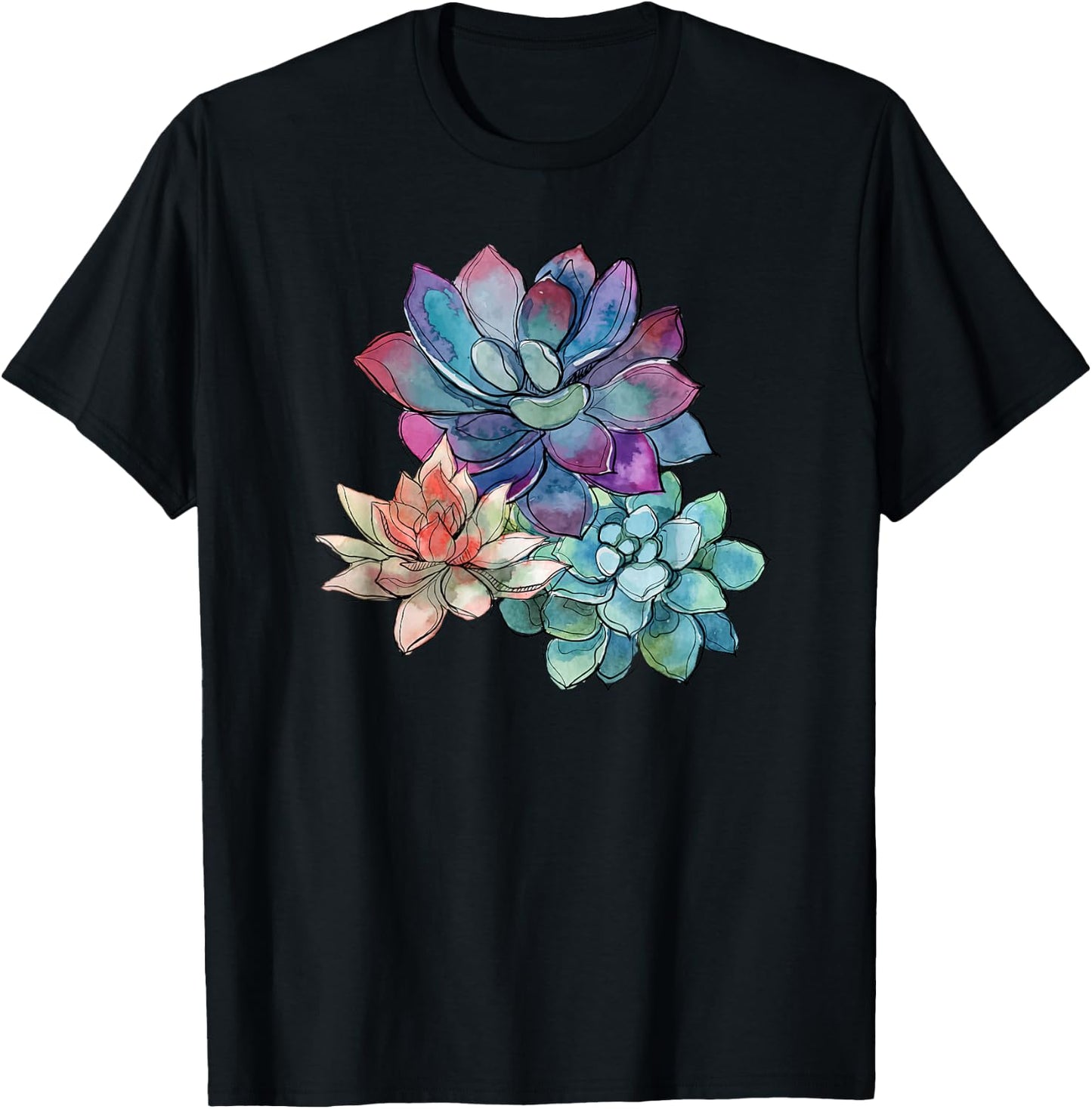 Succulent Beautiful Watercolor Succulents Plants T-Shirt - T-Shirt | Black