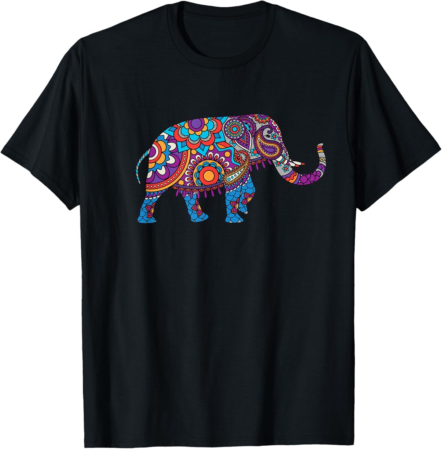 Colorful Indian Elephant Floral Patterns Elephant Art T-Shirt - T-Shirt | Black