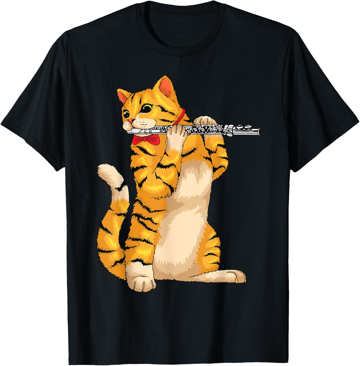 Funny Cat Playing Flute | Cool Animal Musician Fluter Gift T-Shirt - T-Shirt | Black