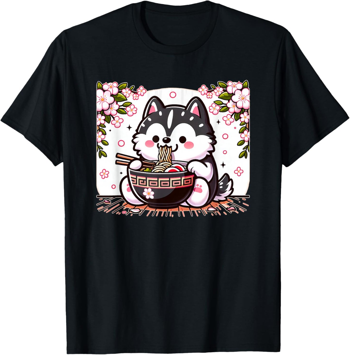 Kawaii Husky dog Eating Ramen T-Shirt - T-Shirt | Black