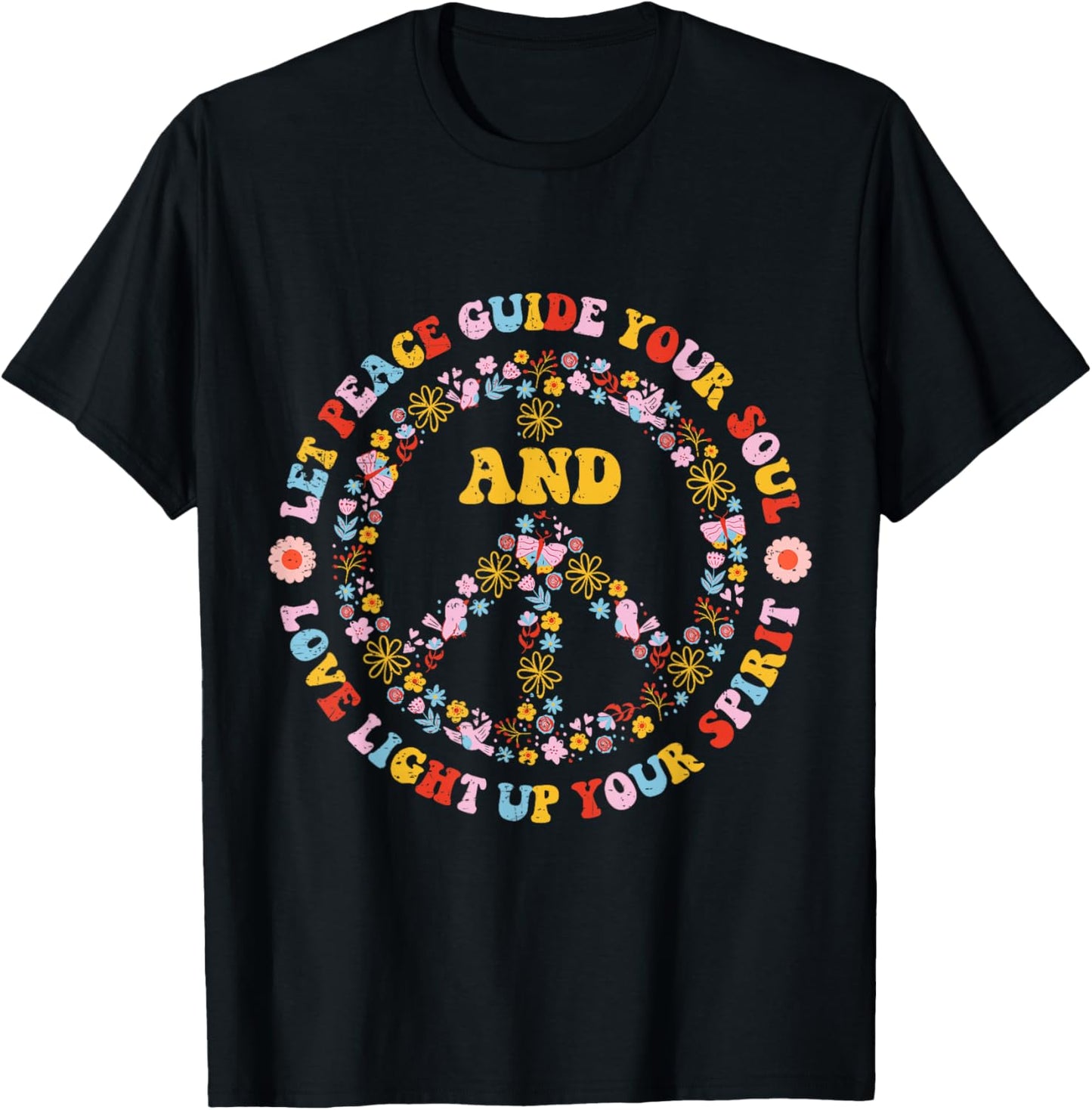 Pretty Peace Sign With Flowers Hippie T-Shirt - T-Shirt | Black