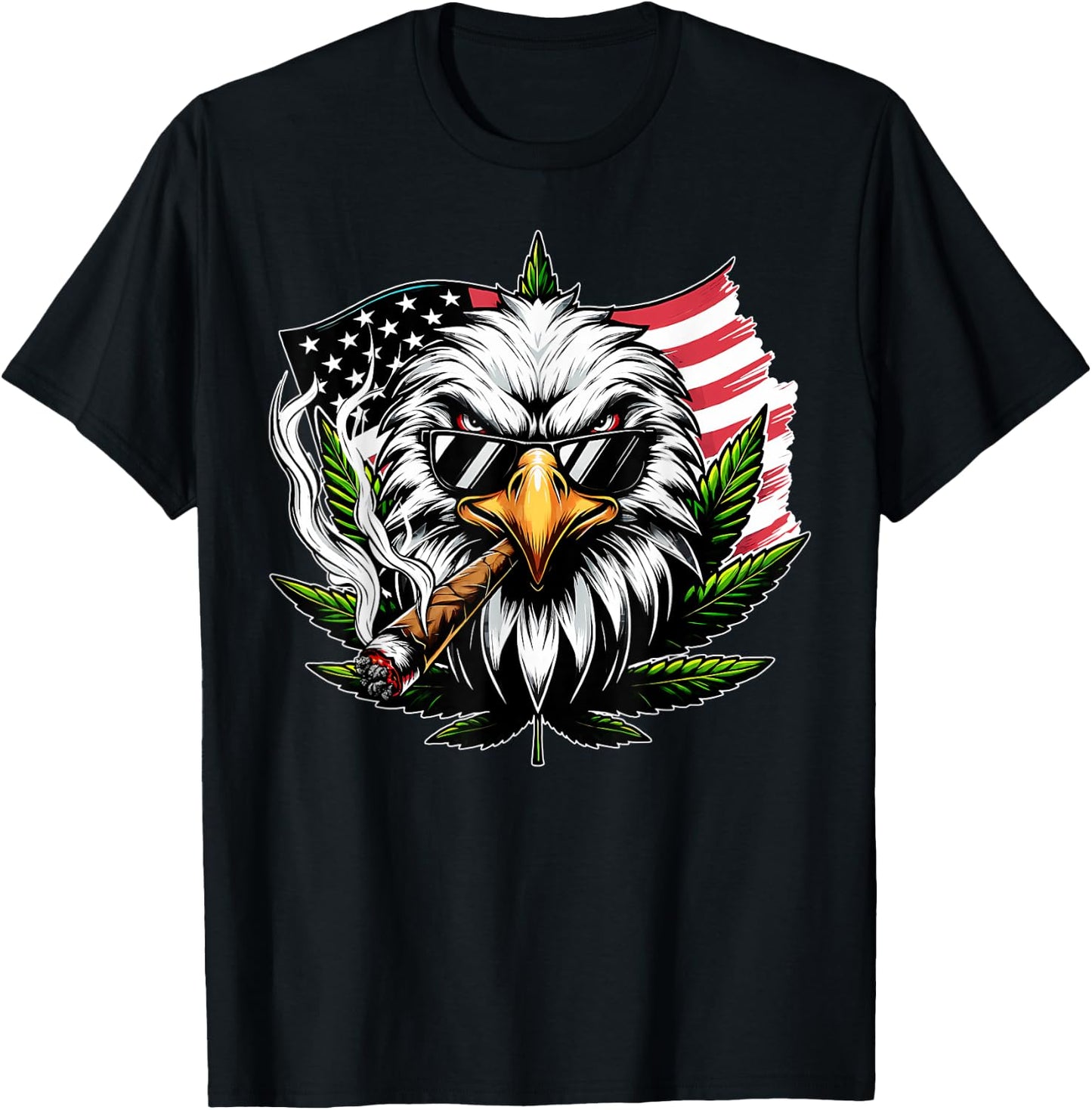Eagle Smoking Marijuana Us Flag 4th Of July Cannabis Leaf T-Shirt - T-Shirt | Black