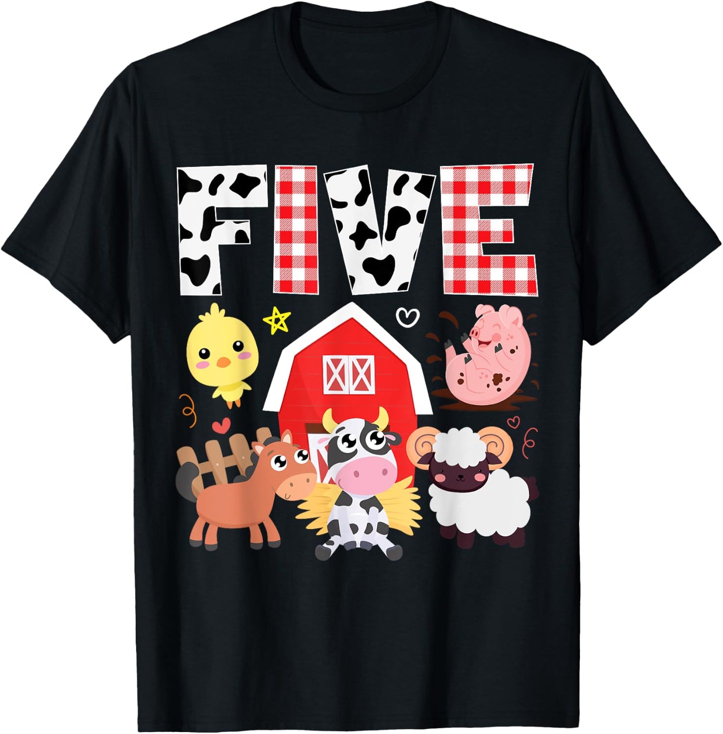 5th Birthday Five Year Old Farm Theme Animals Birthday Party T-Shirt - T-Shirt | Black
