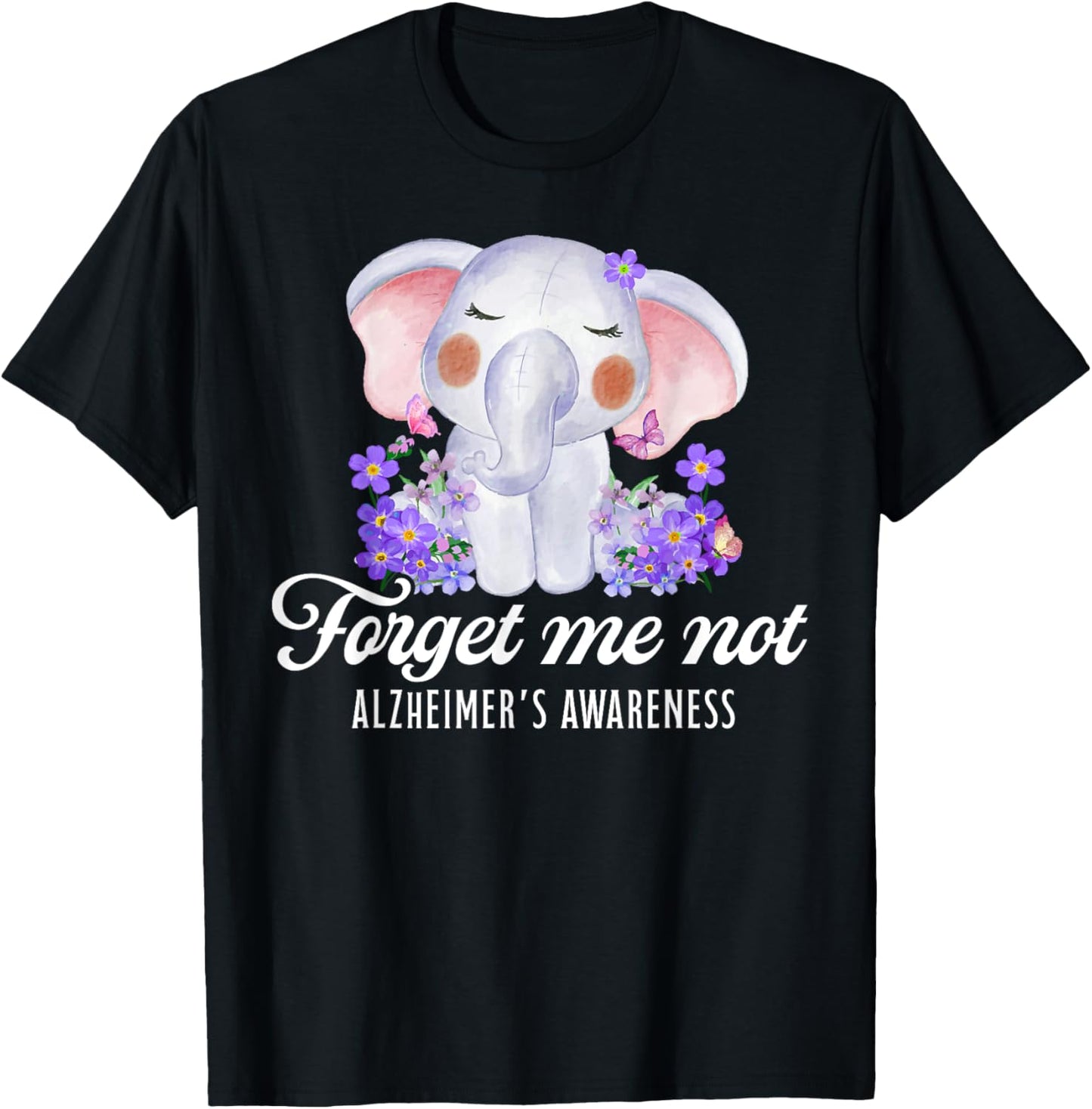 Alzheimer's Awareness Forget Me Not Flower Purple Elephant T-Shirt - T-Shirt | Black