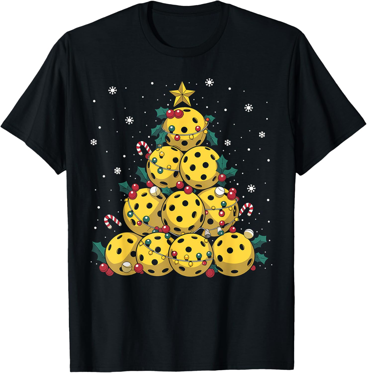 Funny Pickleball Christmas Tree Lights Christmas Men Women T-Shirt - T-Shirt | Black