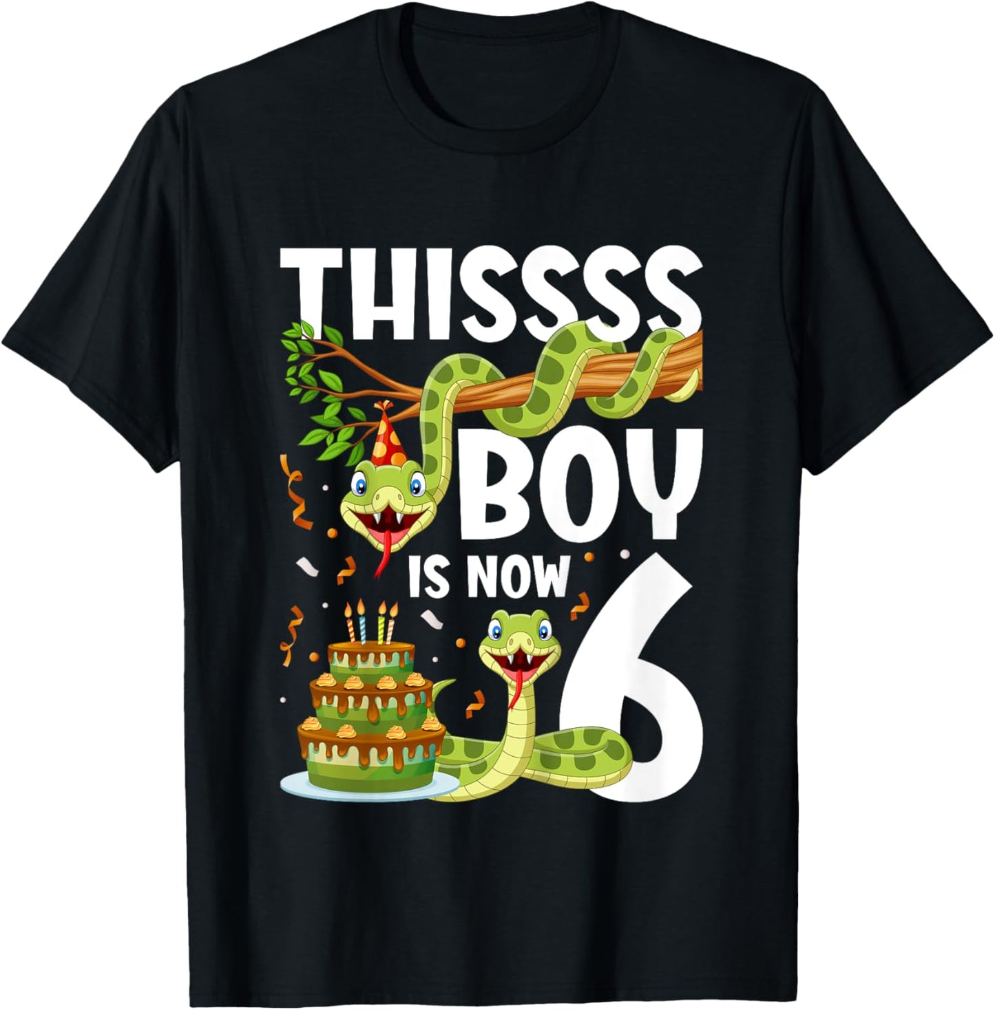 Kids 6th Reptile Birthday 6 Year Old Boy Snake Birthday Party T-Shirt - T-Shirt | Black