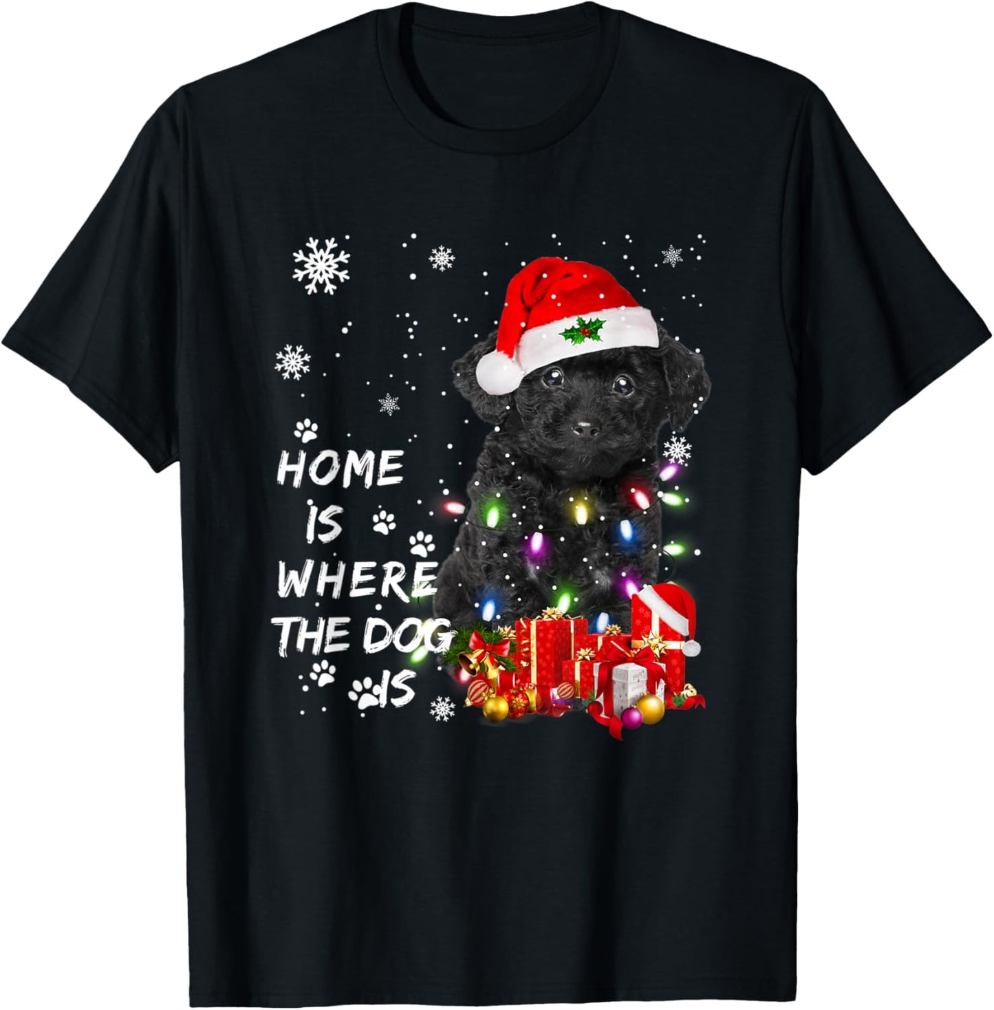Black Poodle dog Santa Christmas Tree Lights Xmas Boys Dog T-Shirt - T-Shirt | Black