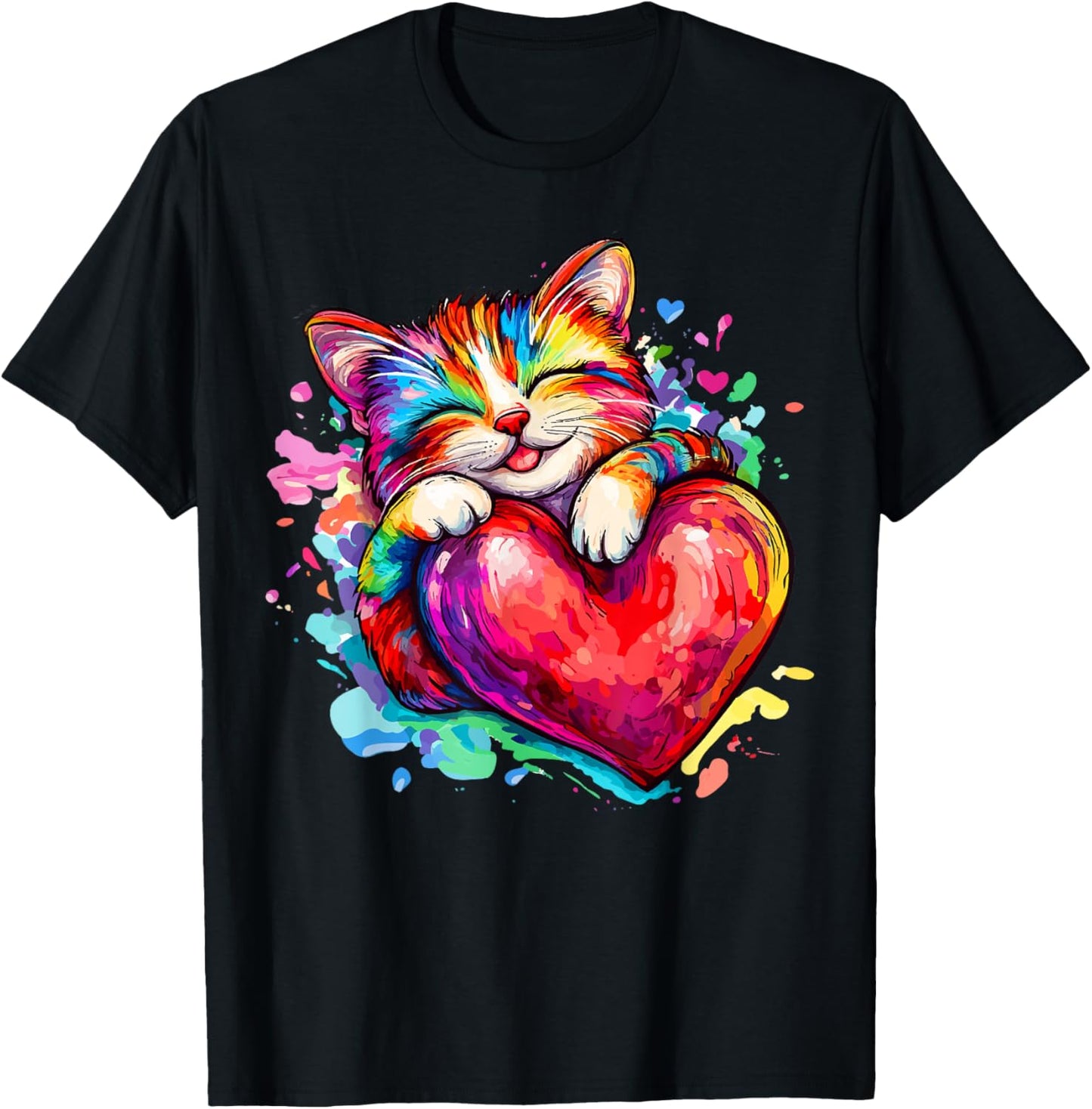 Cat Kitty Hugging Valentine Heart Rainbow Love T-Shirt - T-Shirt | Black