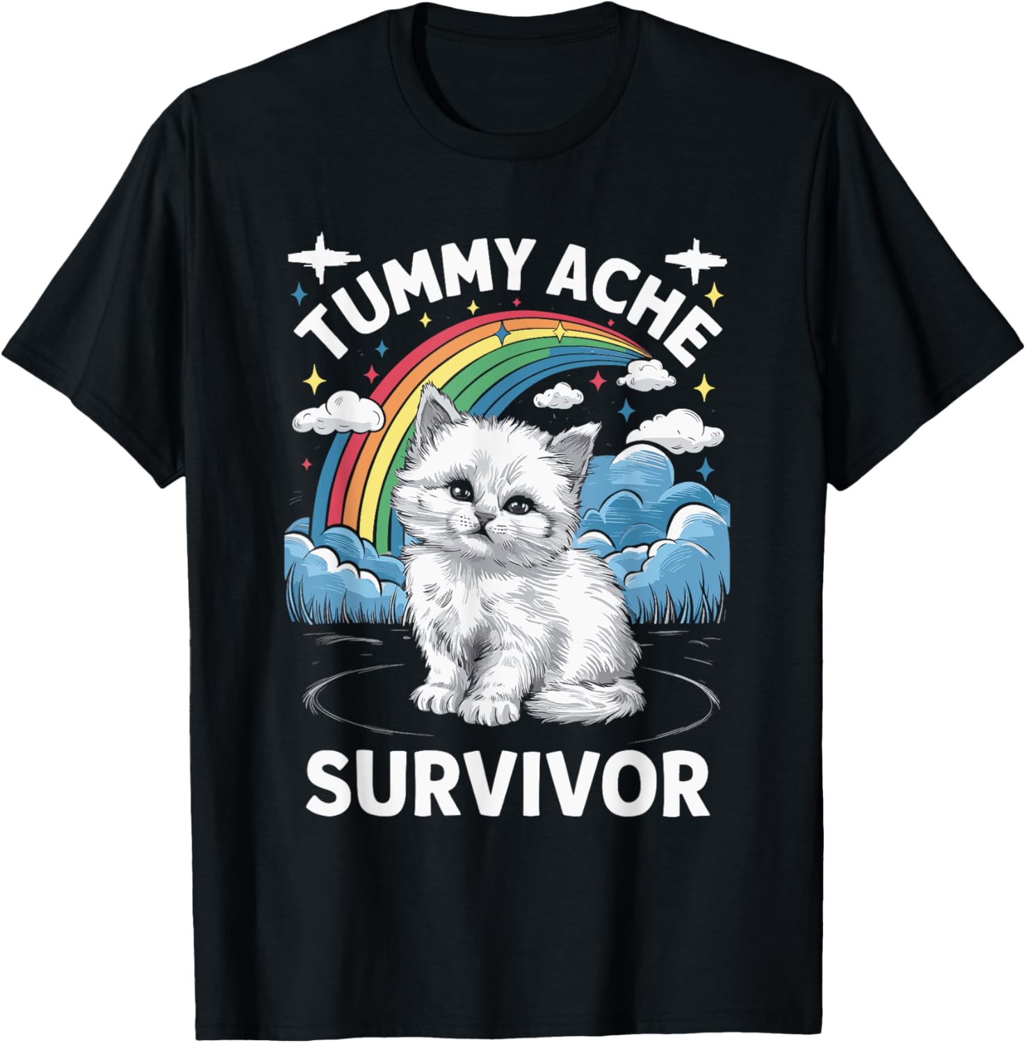 Oddly Specific Meme Stomach Ache Funny Black Tummy Ache Survivor Cat T-Shirt - T-Shirt | Black