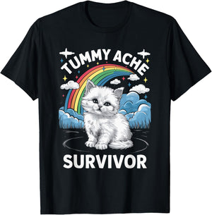 Oddly Specific Meme Stomach Ache Funny Black Tummy Ache Survivor Cat T-Shirt - T-Shirt | Black