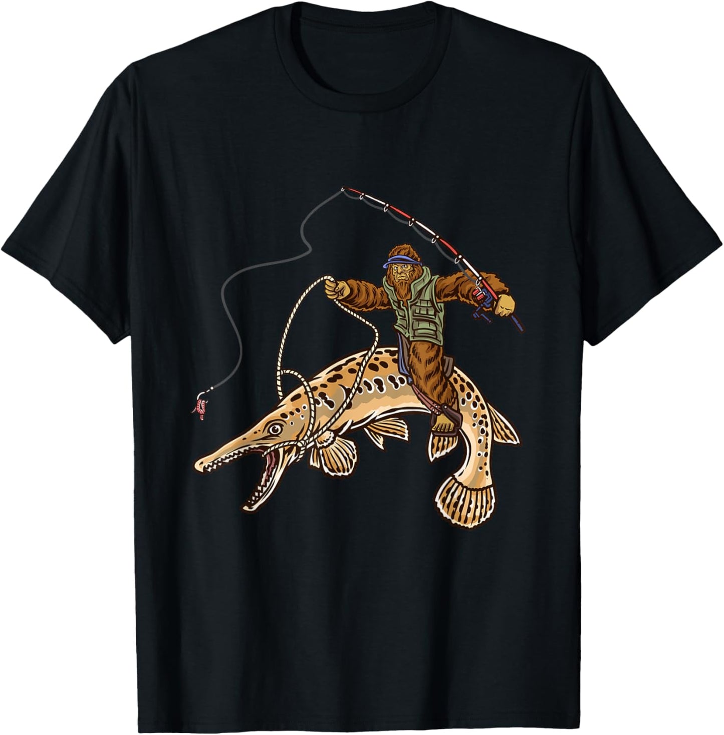 Alligator Gar Fishing Bigfoot Fisherman , Small, Black T-Shirt - T-Shirt | Black