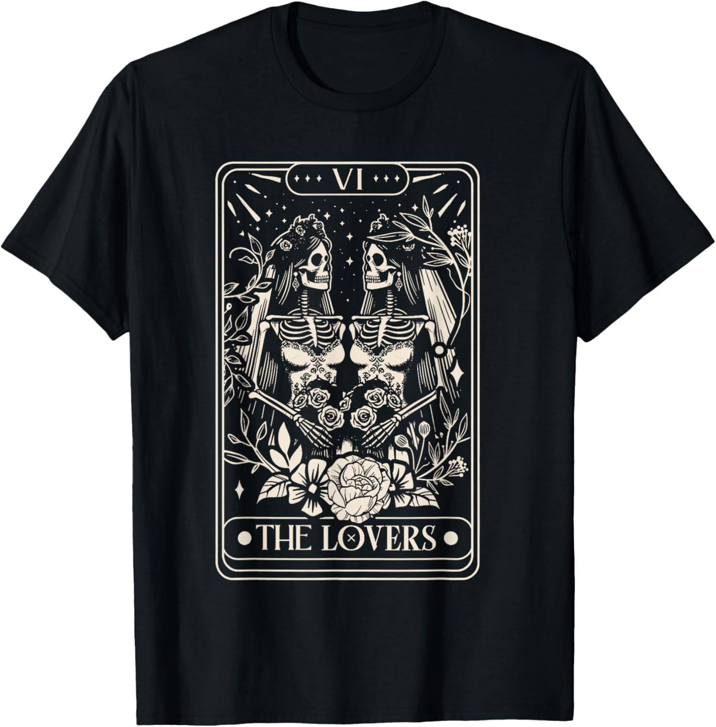 Tarot Card The Lovers Rainbow Kissing Lesbian Skeletons T-Shirt - T-Shirt | Black