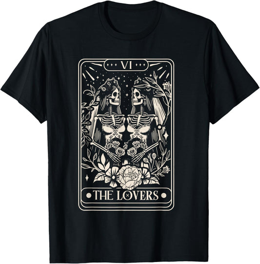 Tarot Card The Lovers Rainbow Kissing Lesbian Skeletons T-Shirt - T-Shirt | Black