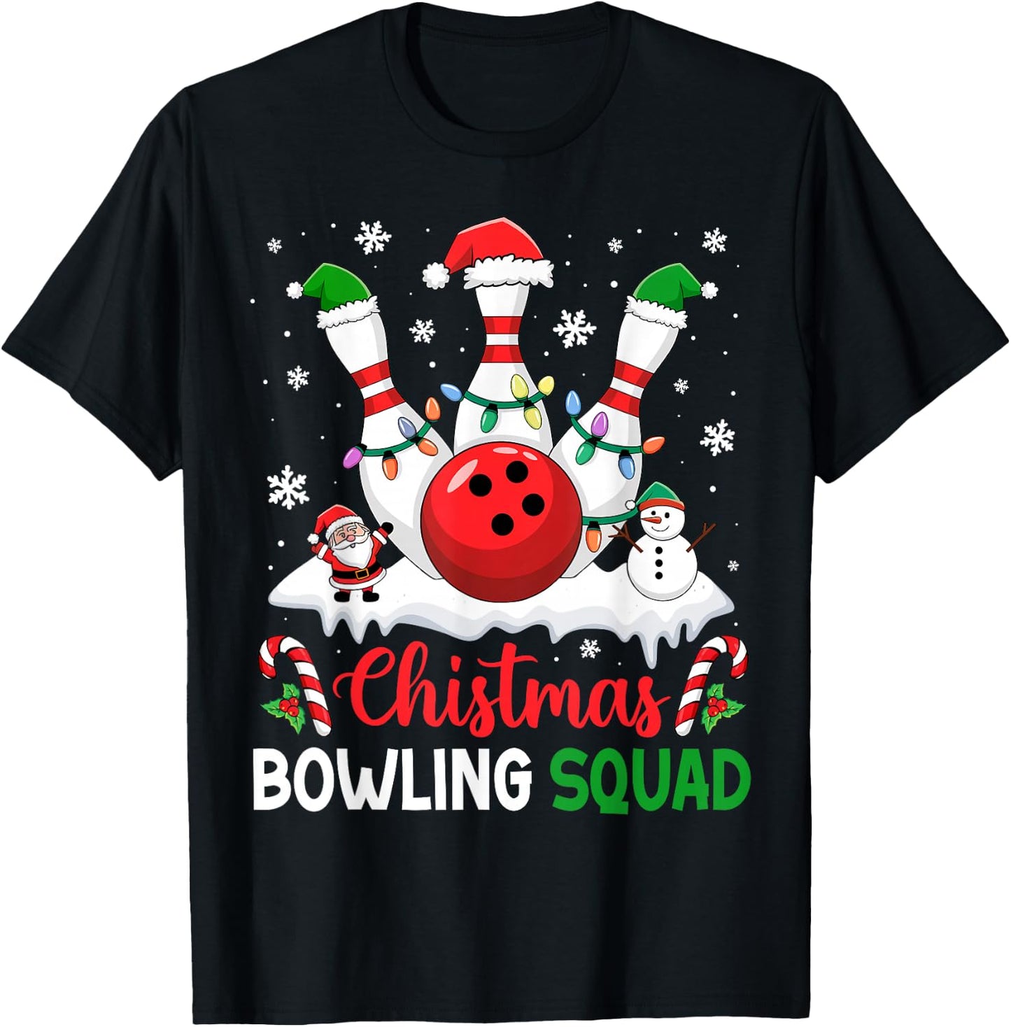 Christmas Bowling Squad Xmas Lights Santa Bowling Player T-Shirt - T-Shirt | Black