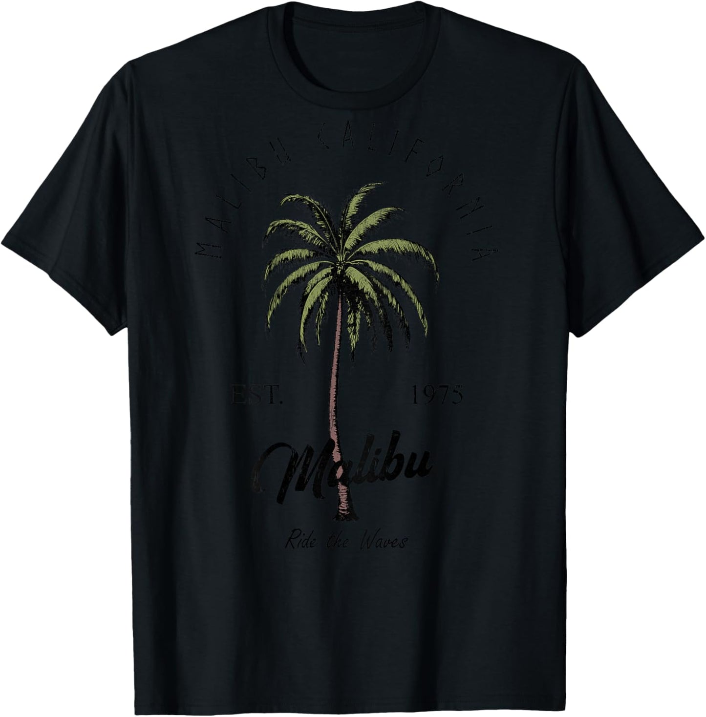 Malibu California Tropical Palm Tree Casual (Artistic Back) T-Shirt - T-Shirt | Black