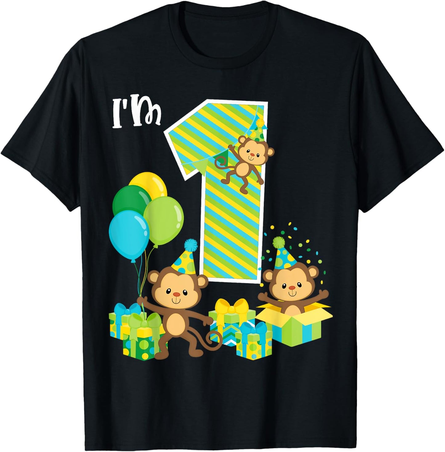 Birthday Monkey 1st Birthday Party One Year Old Kid Toddler T-Shirt - T-Shirt | Black