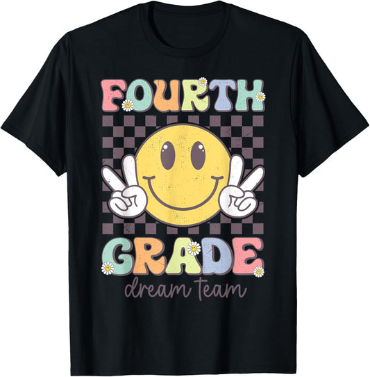 Fourth Grade Dream Team Smile Face Back To School 4th Grade T-Shirt - T-Shirt | Black