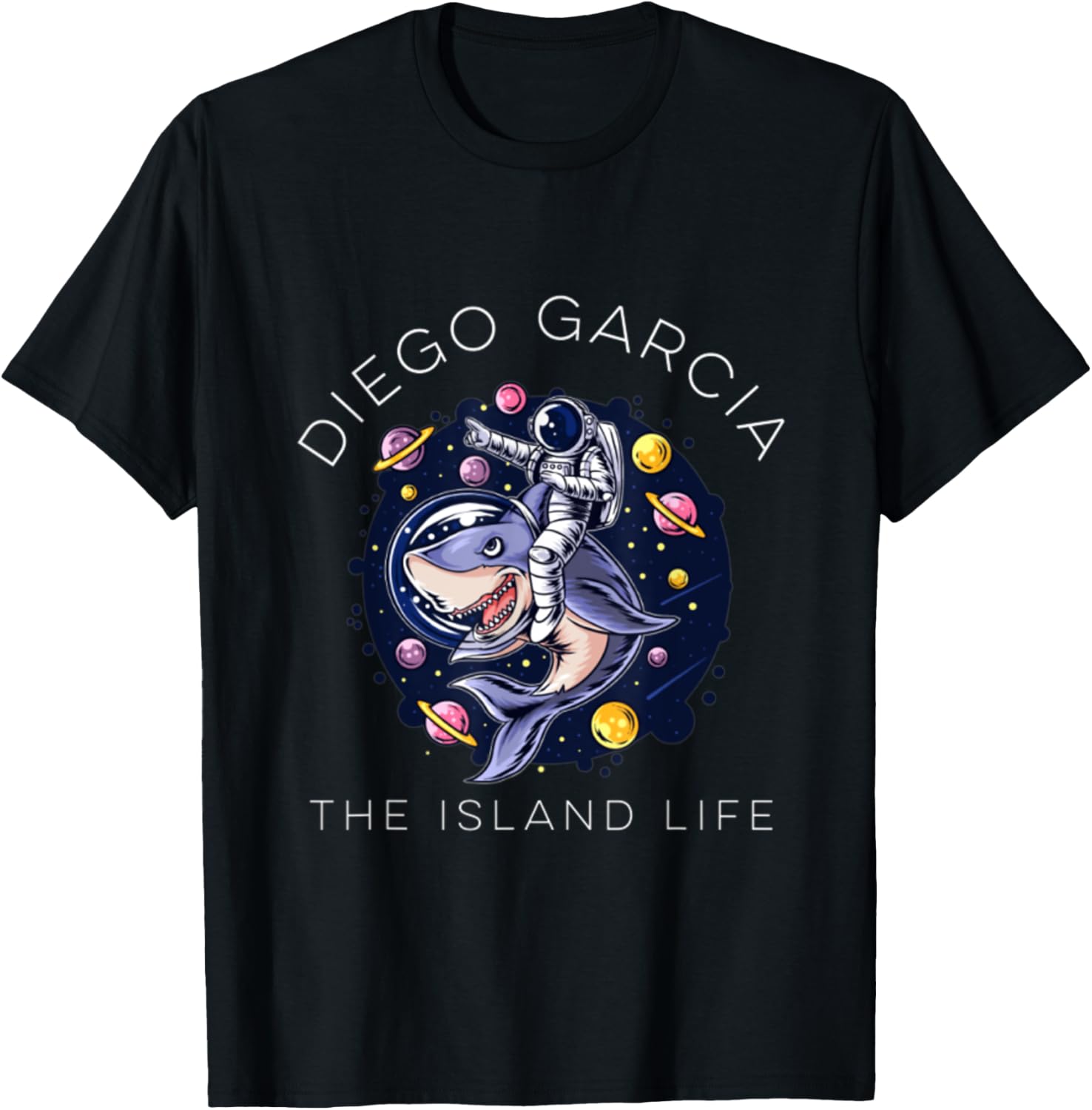 Diego Garcia Island Shark Space Astronaut T-Shirt - T-Shirt | Black
