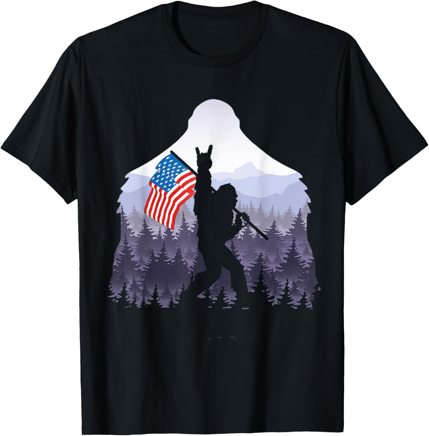 USA flag Bigfoot Victorty sign Peace in the forest camping Women Men T-Shirt - T-Shirt | Black