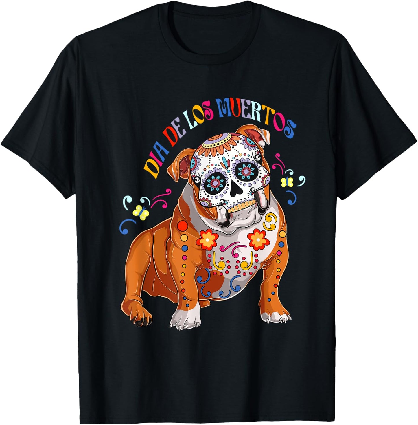 Dia De Los Muertos English Bulldog Floral Skull Face Mexican Women T-Shirt - T-Shirt | Black