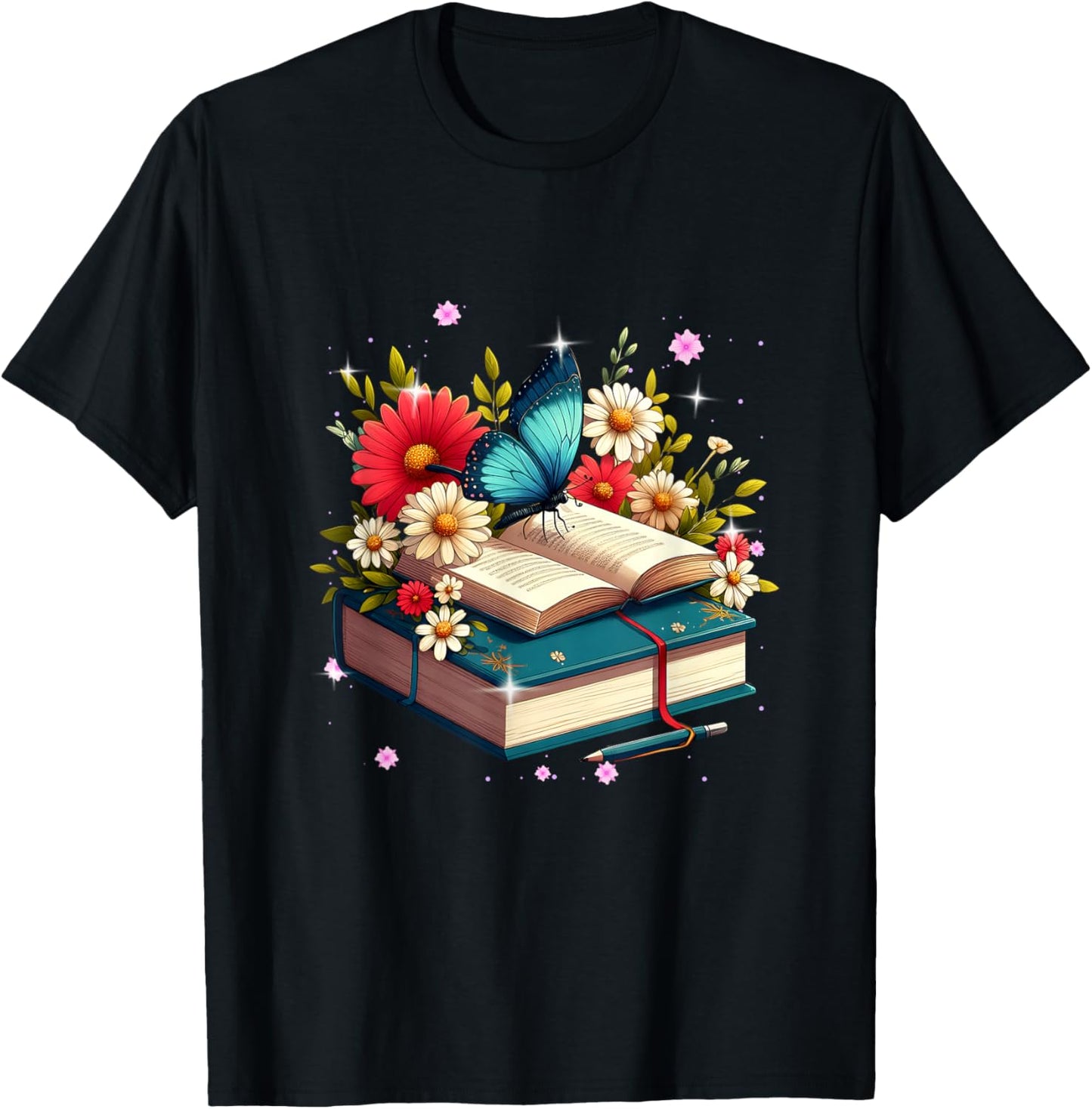 Book Flowers and Butterfly Beautiful Reading Reader T-Shirt - T-Shirt | Black