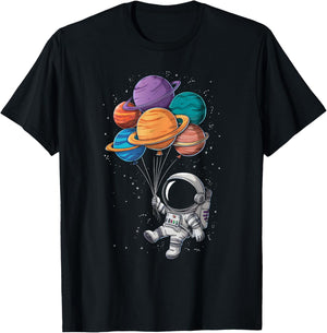 Astronaut Holding Planet Balloons Floating In Space T-Shirt - T-Shirt | Black