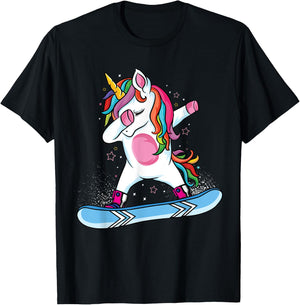 Cute unicorn Snowboarding Skiing Dabbing unicorn Snowboard T-Shirt - T-Shirt | Black