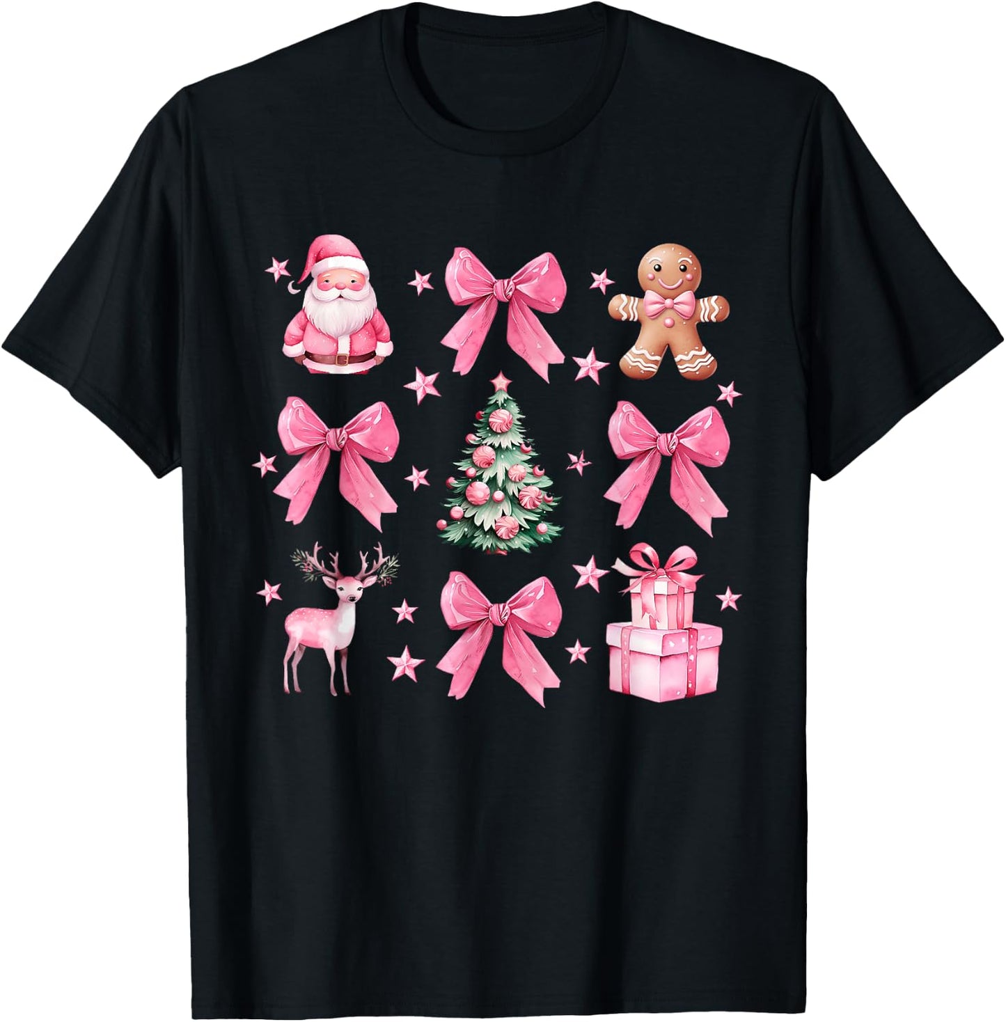 Cute Coquette Bow Pink Christmas Tree Santa Gingerbread Xmas T-Shirt - T-Shirt | Black