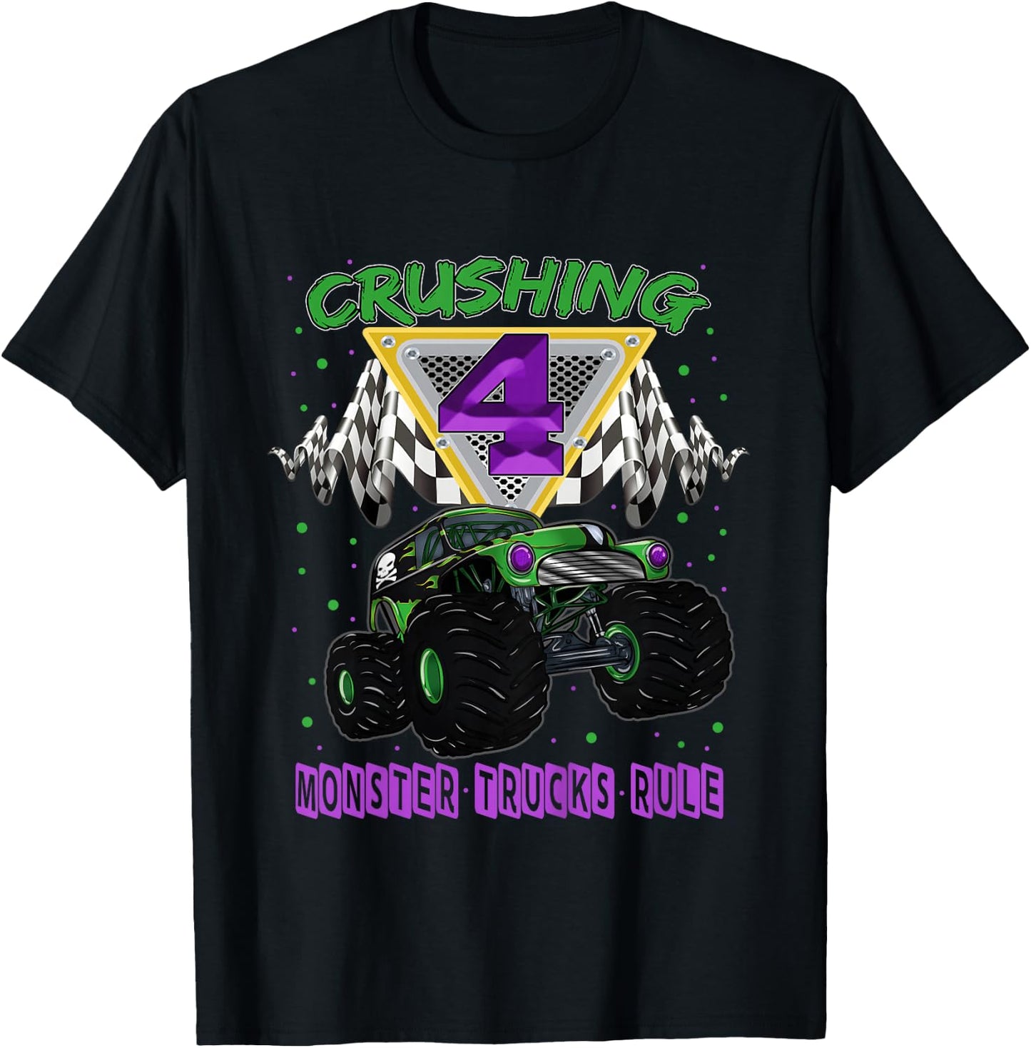 Monster Truck Crushing 4 Years Old Four 4th Birthday T-Shirt - T-Shirt | Black