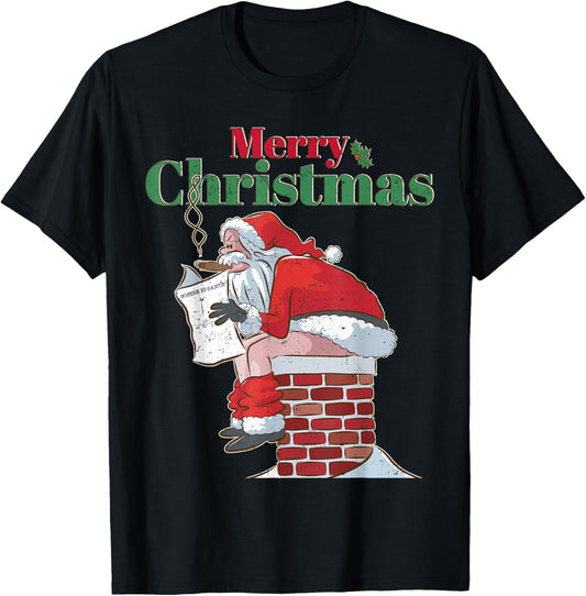 Funny Santa Pooping Down Chimney Xmas Christmas Gifts T-Shirt - T-Shirt | Black