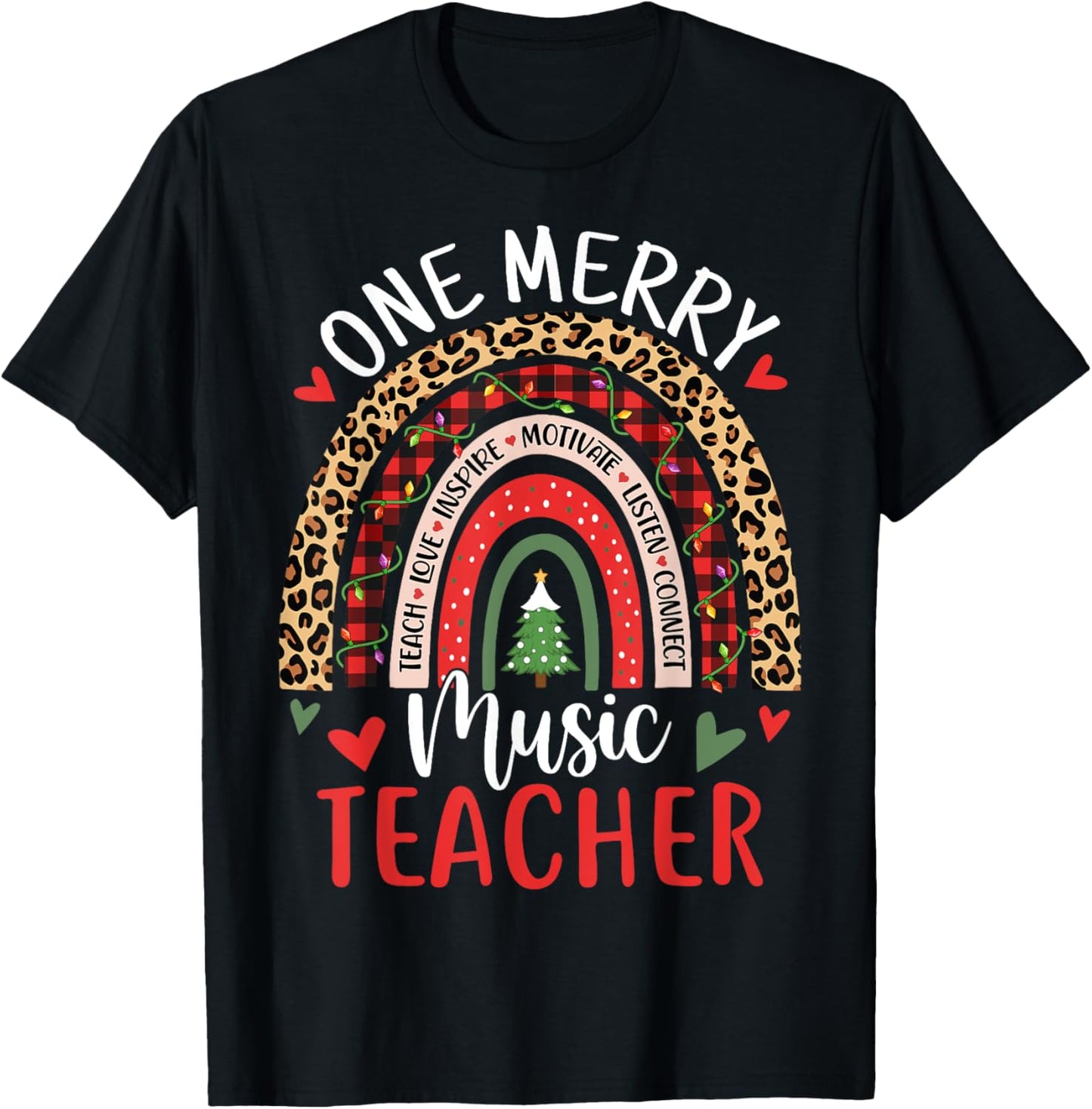 One Merry Music Teacher Funny Rainbow Christmas Musician T-Shirt - T-Shirt | Black
