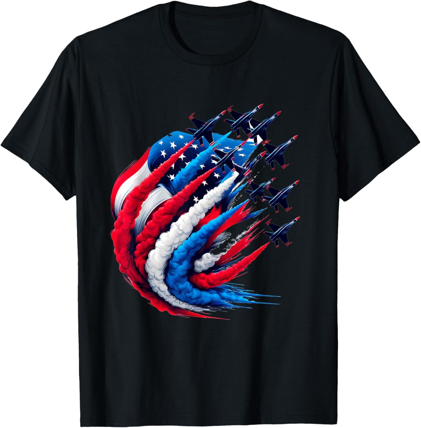 Red White and Blue Aviation Fighter Jet Smoke American Flag Women Men T-Shirt - T-Shirt | Black