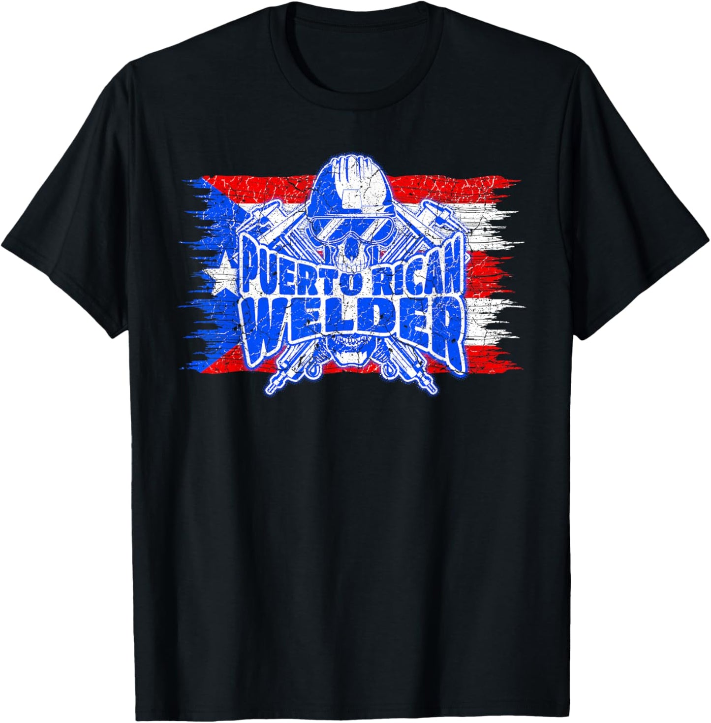 Proud Puerto Rican Welder Skull with Flag of Puerto Rico T-Shirt - T-Shirt | Black