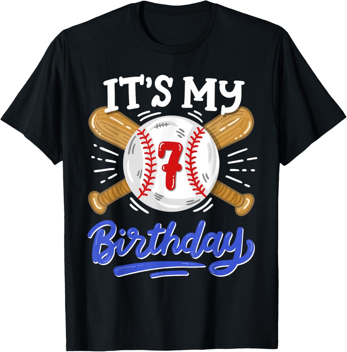 Kids 7th Baseball Birthday Party Boys Sport Fan 7 Years Old T-Shirt - T-Shirt | Black